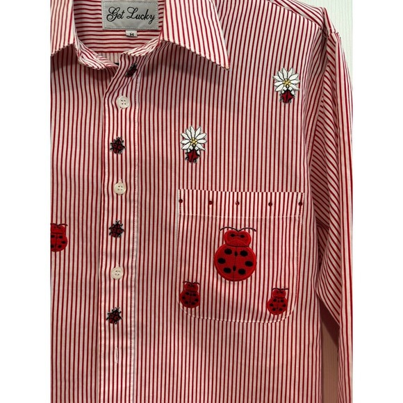 Vintage Get Lucky Ladybug Striped Preppy Cottagecore Button Up Shirt - Picture 6 of 9